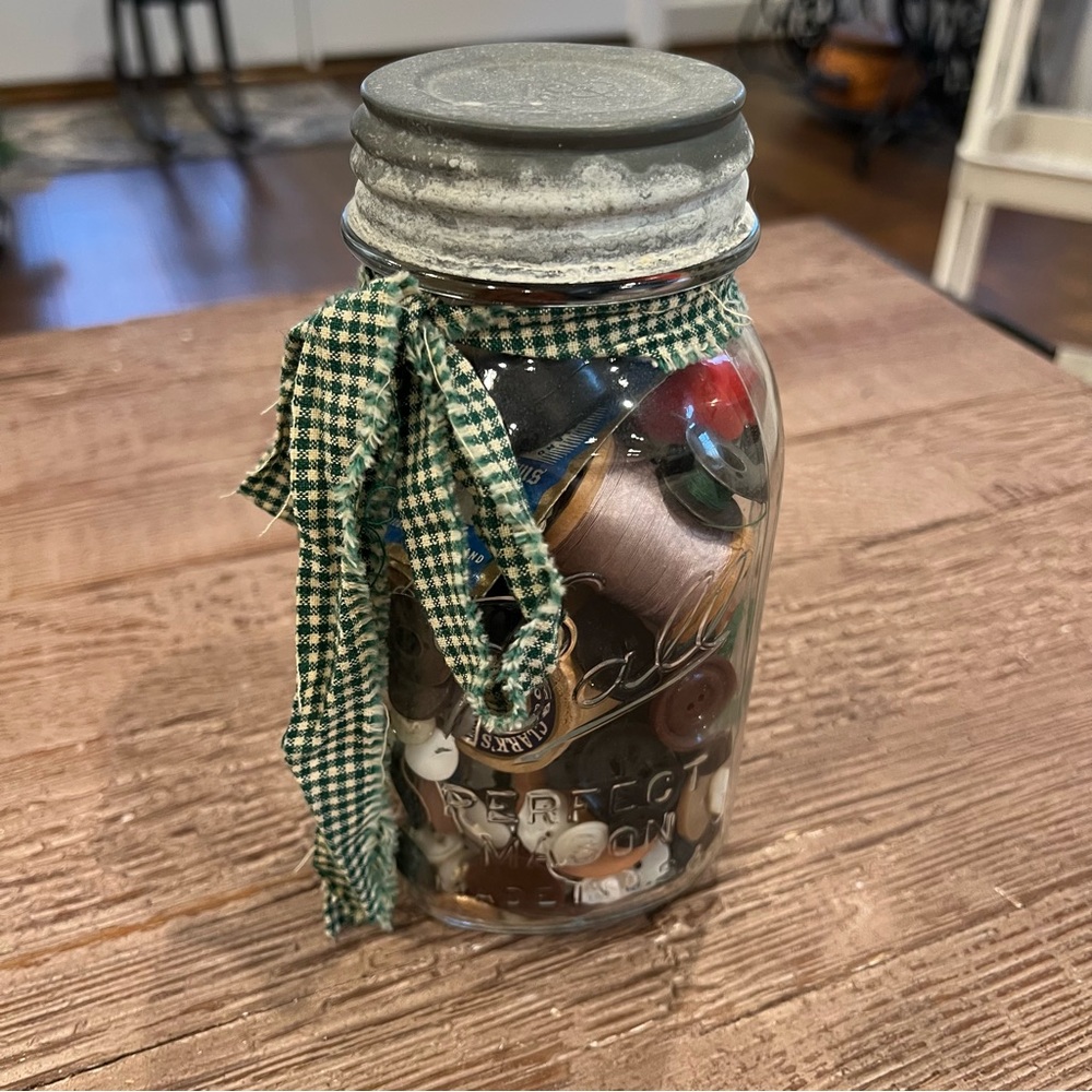 Vintage BALL mason jar with vintage sewing notions